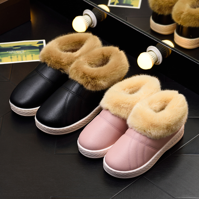 Winter waterproof PU leather men and women couples warm cotton slippers bag with thick non-slip home students thick bottom cotton shoes