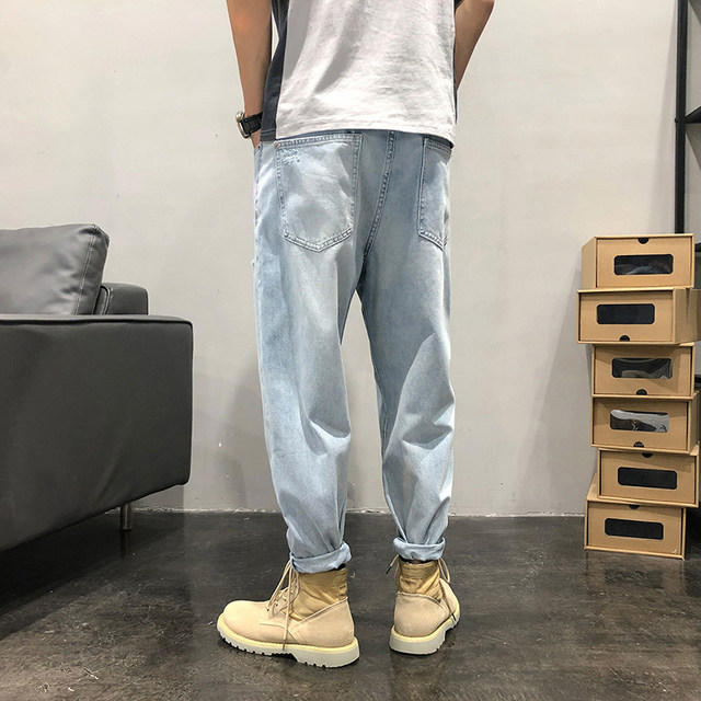 2024 Spring New Jeans Men's Straight Leg Loose Trendy Brand Hole Patch Nine Points Light Color Casual Harem Pants