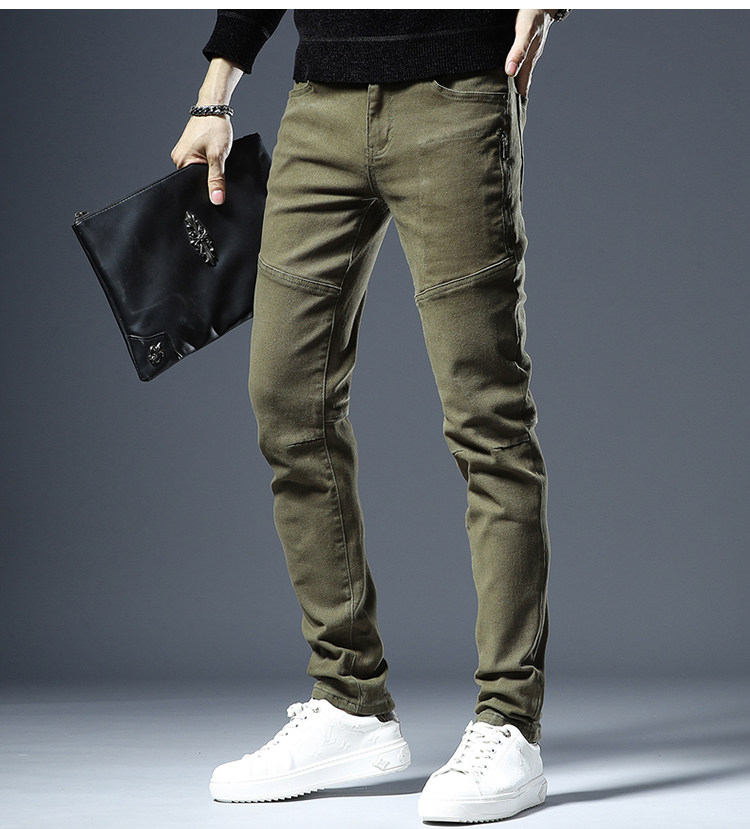 2022秋季新款男士绿色牛仔裤男潮牌修身小脚个性拼接机车休闲长裤详情9