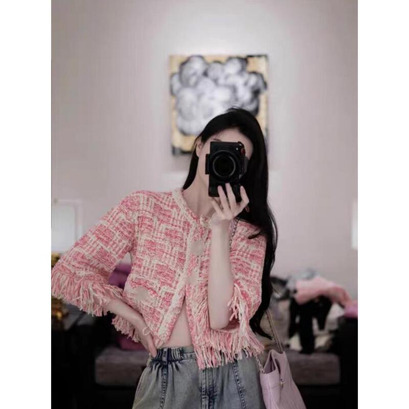 Shenzhen Nanyou High-End 2024 Pink Tweed Short Cardigan Fringe Little Chanel Style Suit Dress New Model in Stock