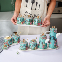 Creative Ceramic Kitchen Condiment Oil Pot Salt Sauce Seasoned bottle Seasoning Jar Home Composition Containing Suit with lid