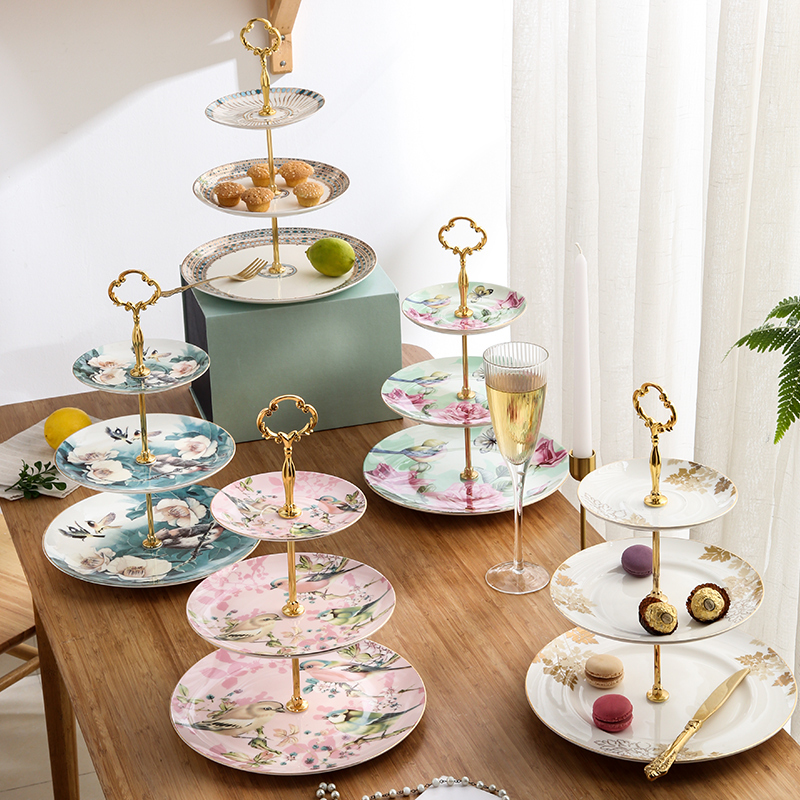 European-Style Ceramic Three-Tier Dessert Stand, Double-Layer Fruit Plate, Living Room Coffee Table, Afternoon Tea Cake, Candy and Snack Plate
