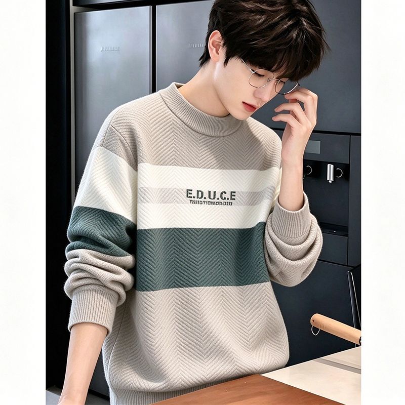 New Autumn and Winter Men's Sweaters for Teenagers and Middle School Students, Korean Style, Stylish, Fashionable, Warm, Trendy Knitted Base Layer Shirts