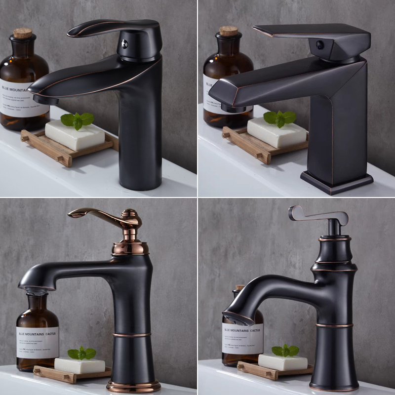 Black Faucet for Hot and Cold Water, Washbasin Faucet, American-Style Bathroom Sink Faucet, All-Copper Single-Hole Countertop Basin Faucet