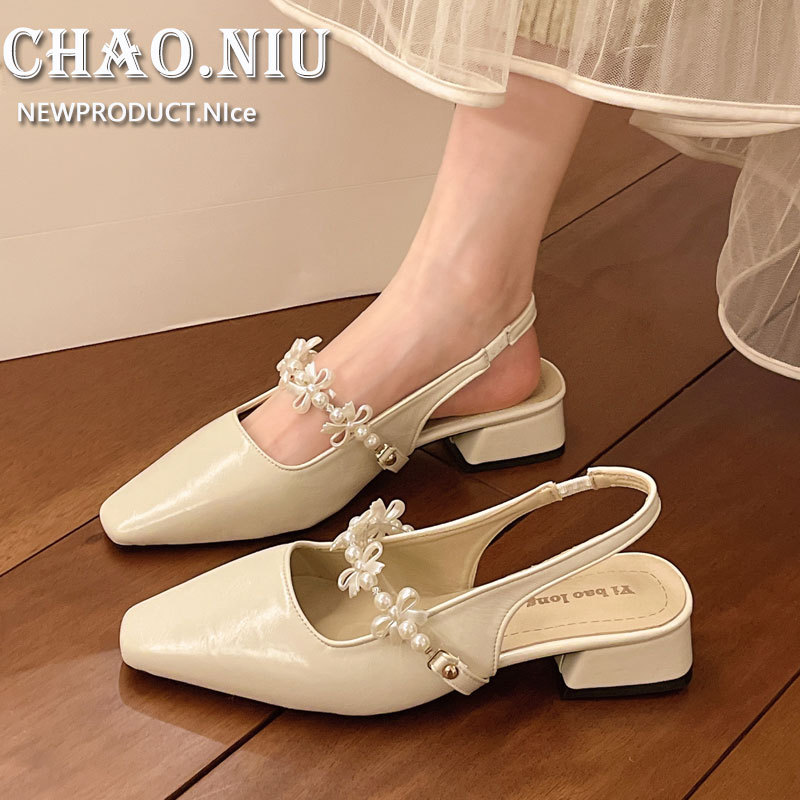 French-Style Pointed-Toe Chunky Heel Shoes for Women, 2026 New Model, Stunning Off-White High Heels to Match Skirts, Closed-Toe Sandals