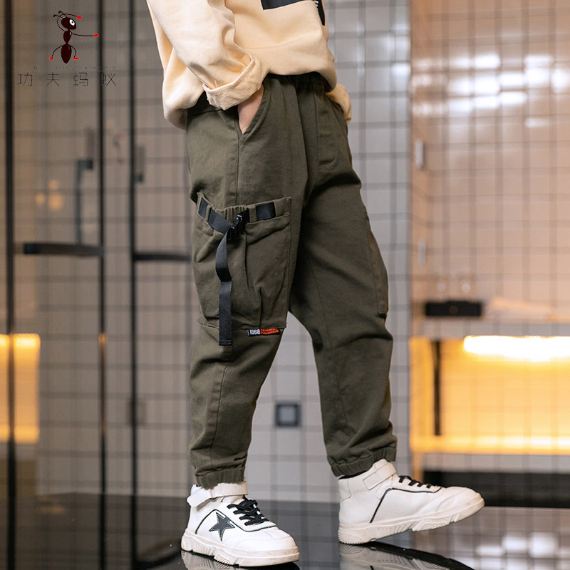 Boy Scouts green trousers in loose spring and autumn trousers in large children's casual pants pure cotton S0092