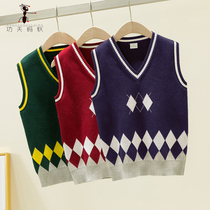 Childrens cotton sweater vest spring and autumn Big Boy plaid school uniform waistcoat girl knitted vest TR1003