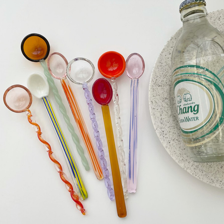 Color transparent high temperature resistant glass small spoon children cute long handle coffee stirring spoon spoon
