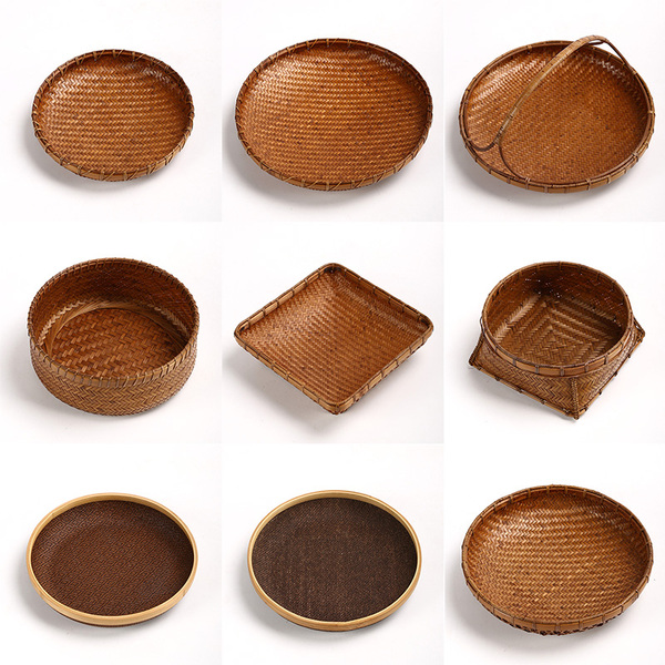 Retro Handmade Bamboo Basket For Home round Fruit Basket Fruit Pot Creative Chinese Tea Cake Tray Snack Dried Fruit Plate Basket