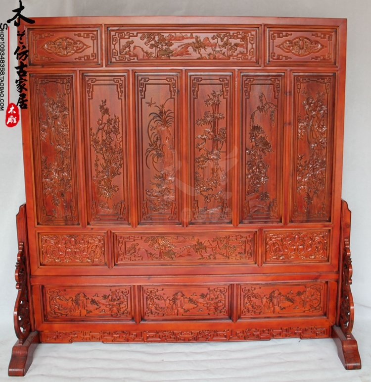 Dongyang wood carving plum orchid, bamboo, chrysanthemum, camphor wood, solid wood seat screen, Chinese-style antique double-sided screen porch partition