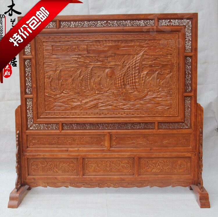 Dongyang wood carved floor screen Living room entrance background wall partition Chinese antique solid wood double-sided smooth sailing