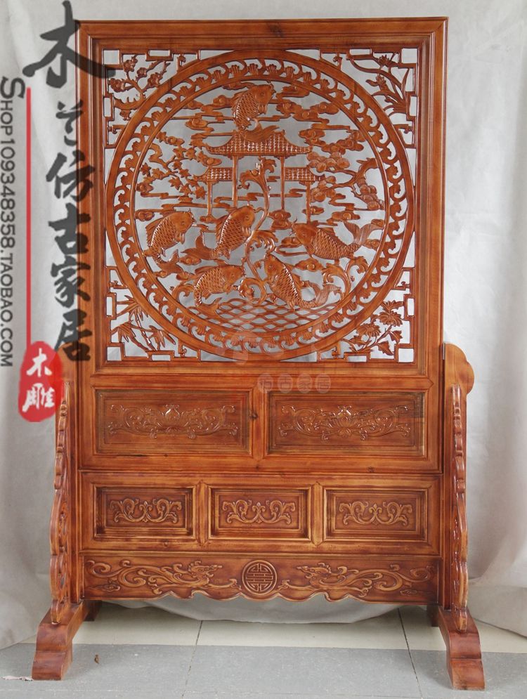 Dongyang wood carving floor screen Chinese imitation antique solid wood hollowed-out inserted screen seat screen double face carved screen Xuanguan partition