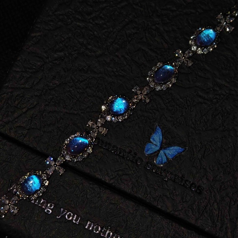Big Blue Morpho S925 Silver Jewelry Butterfly Specimen Bracelet Butterfly Wing Bracelet Inlaid with Princess Diana Amber Jewelry Gift