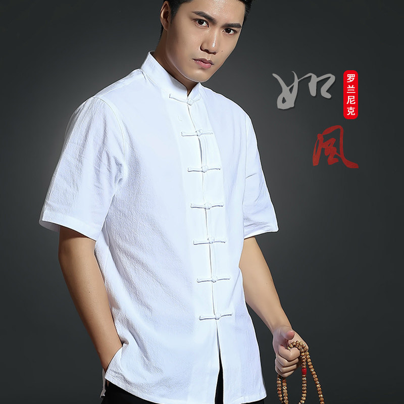 Such as the wind Chinese style Hanfu men's summer cotton and linen short-sleeved retro Tang suit Chinese linen seven-button lay suit tea suit