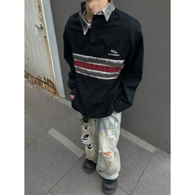 Masonsoul Distressed Polo Shirt Long Sleeve Os Loose Irregular High-Low Lapel Sweatshirt Jacket Top Masonsoul Distressed Polo Shirt Long Sleeve Os Loose Irregular High-Low Lapel Sweatshirt Jacket Top