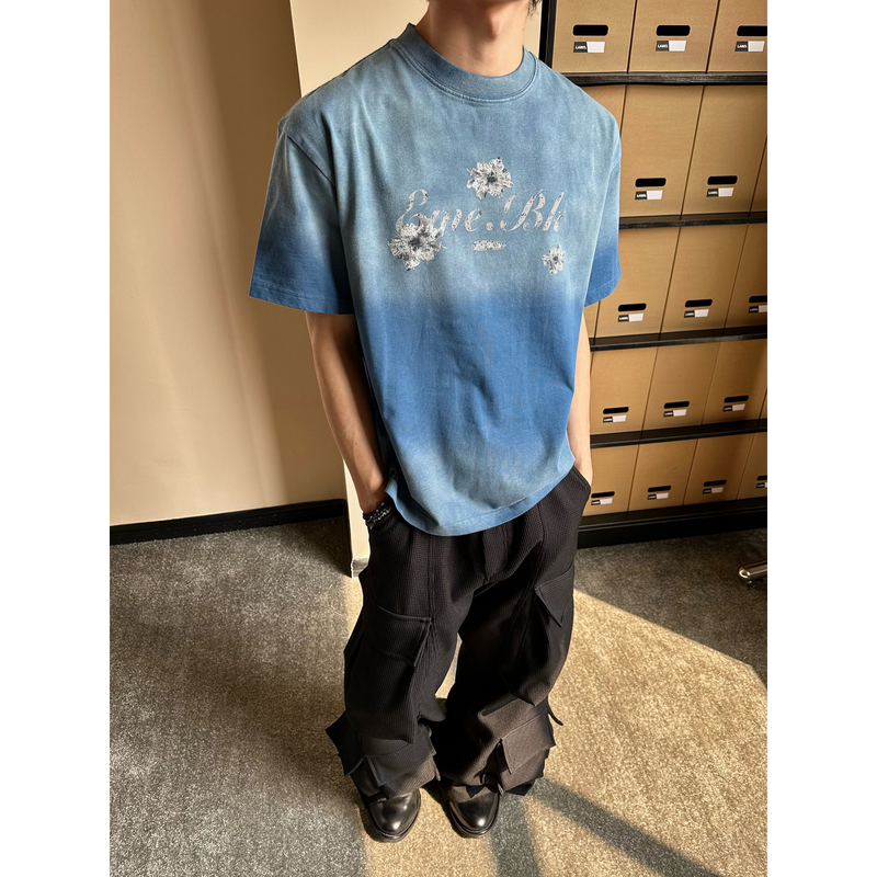 Masonsoul New Summer Style Inkjet Gradient Letter Print Short-Sleeved T-Shirt American Retro Versatile Top