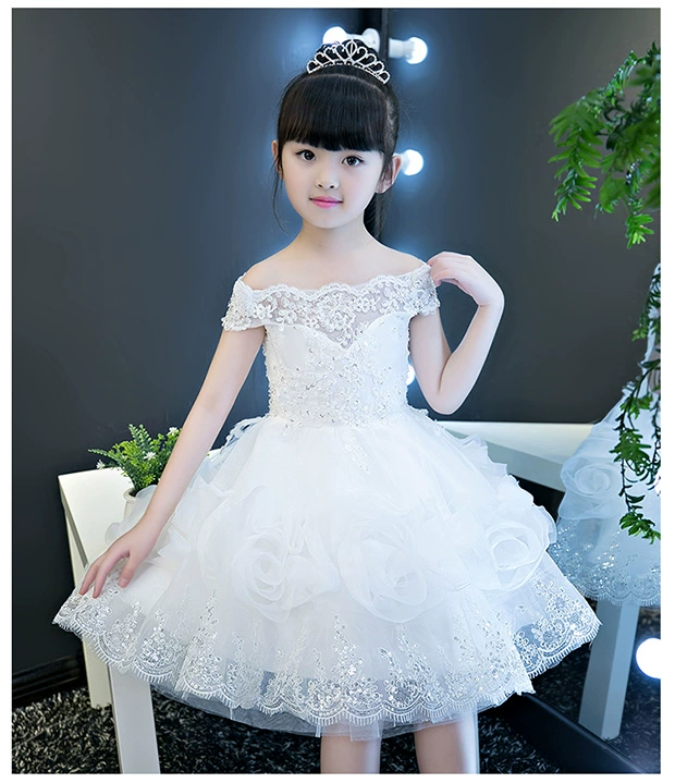 Áo cưới cho trẻ em Công chúa Váy Cô gái Fluffy White Gạc Host Trung bình Cô gái Một vai Hoa Váy Váy