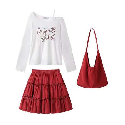 Pure desire slanted collar printed letter long-sleeved T-shirt, high-waisted solid color cake short skirt, hot girl summer loose and youthful set
