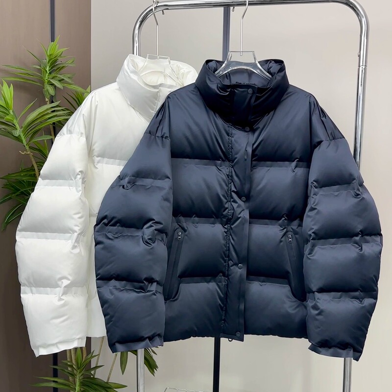 Pearlescent Satin 95% White Duck down Stand Collar down Jacket for Women, Mid-Length, Thick, Loose-Fitting, High-End Warm Coat