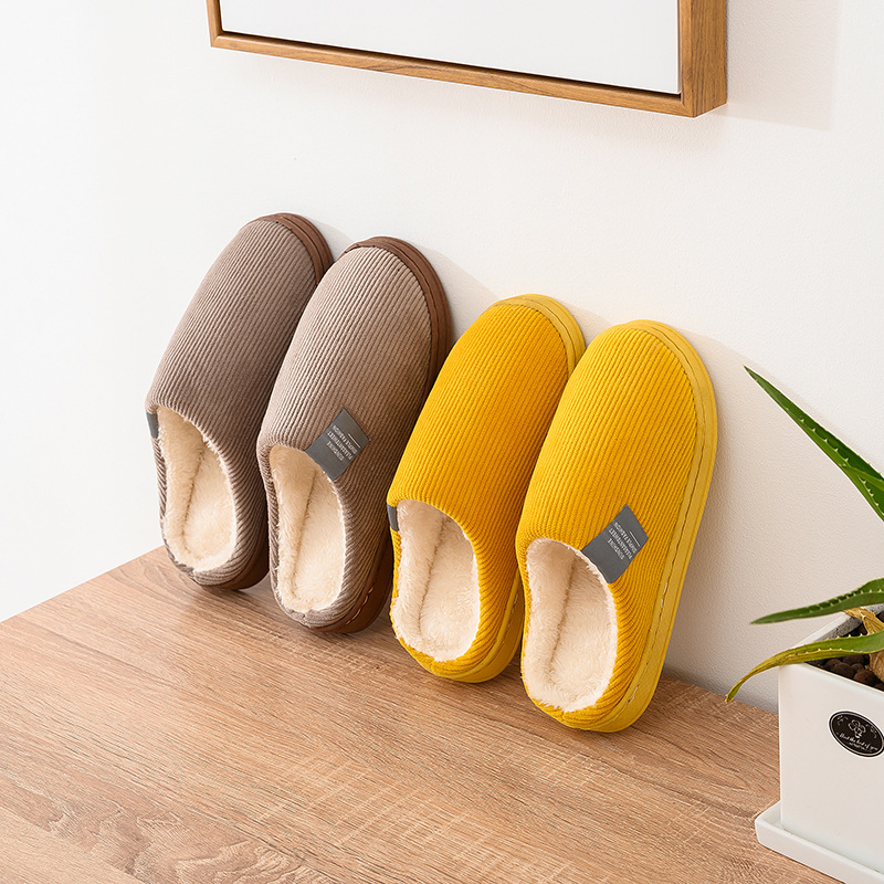 Simple winter cotton slippers for men and women couples indoor warm thick bottom wear-resistant non-slip home flat bottom plush solid color