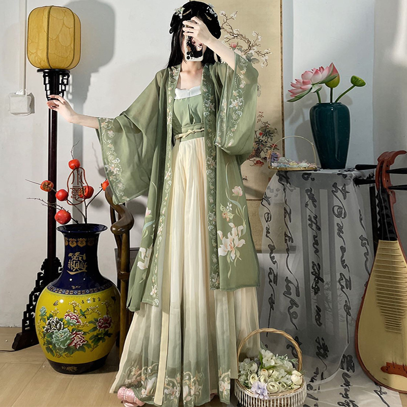 Baili Mingqing Original [Green Basket] Hanfu Women's Song Dynasty Style Printed Long Skirt with Pleated Waist for Daily Wear in Spring and Summer