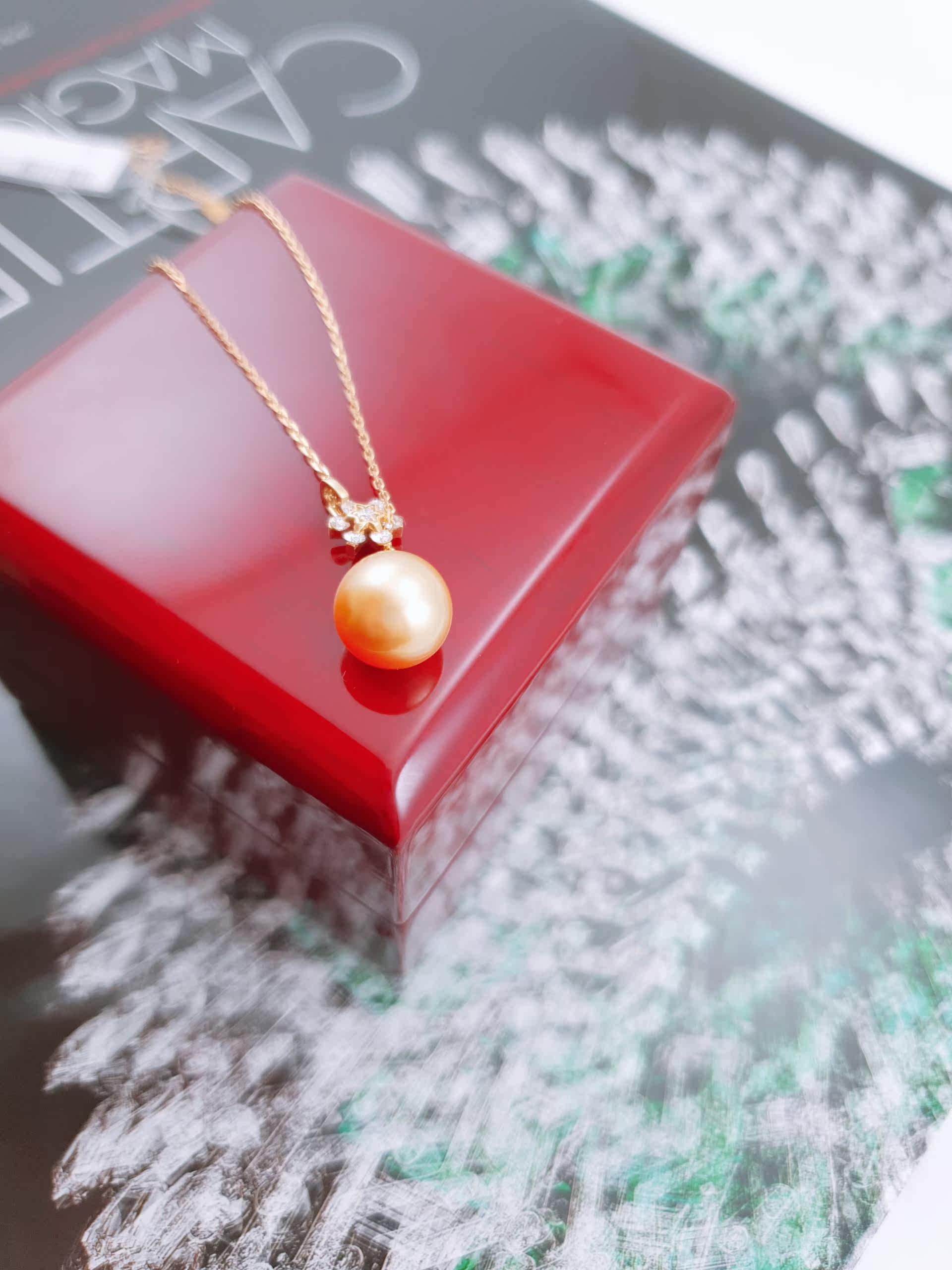 Japanese Fashion New 18K Gold Fine Inlaid 10mm Natural Real Pearl Diamond Necklace