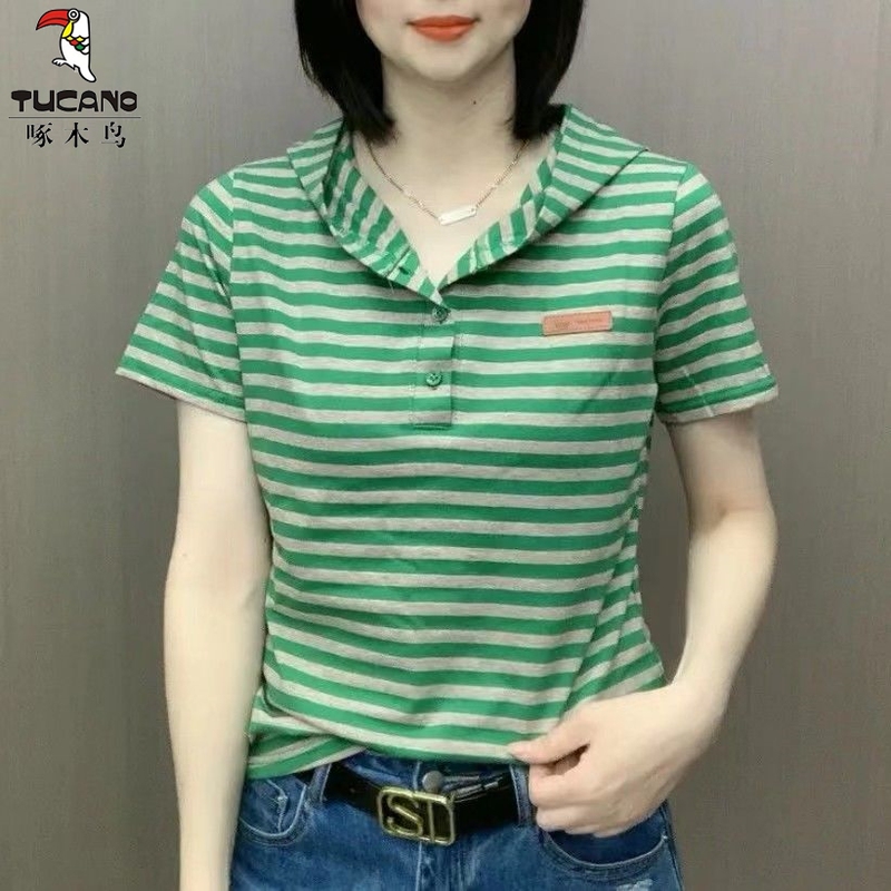 Clearance Sale: Woodpecker Brand Export Clothing, Fashionable, Casual, Comfortable Striped T-Shirt, Summer Trendy Hooded Short-Sleeve