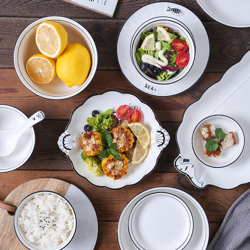 Nordic Simple Ocean World Ceramic Rice Bowl, Noodle Bowl, Soup Bowl, Dish, Fish Plate, Sauce Dish, Soup Spoon, Household Tableware