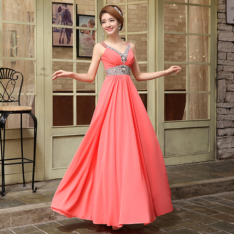 coral color formal dress Andrea & Leo A1363 Long Fitted Beaded Prom Mesh Length Prom Dress Women's Dresses Coral
