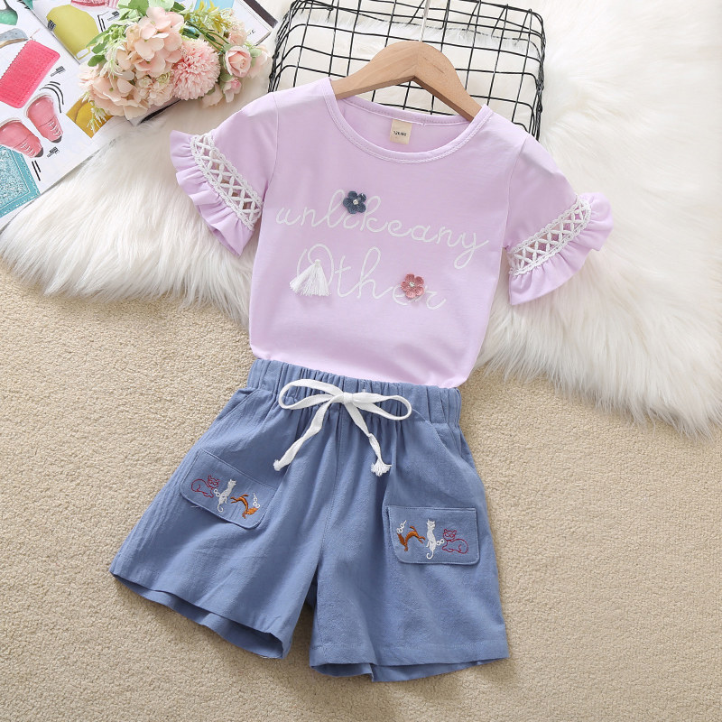 Girl Summer Clothing Suit Tide 2022 New Foreign Pie Trendy Girls T-shirt Children Shorts Casual Sports Two Suits