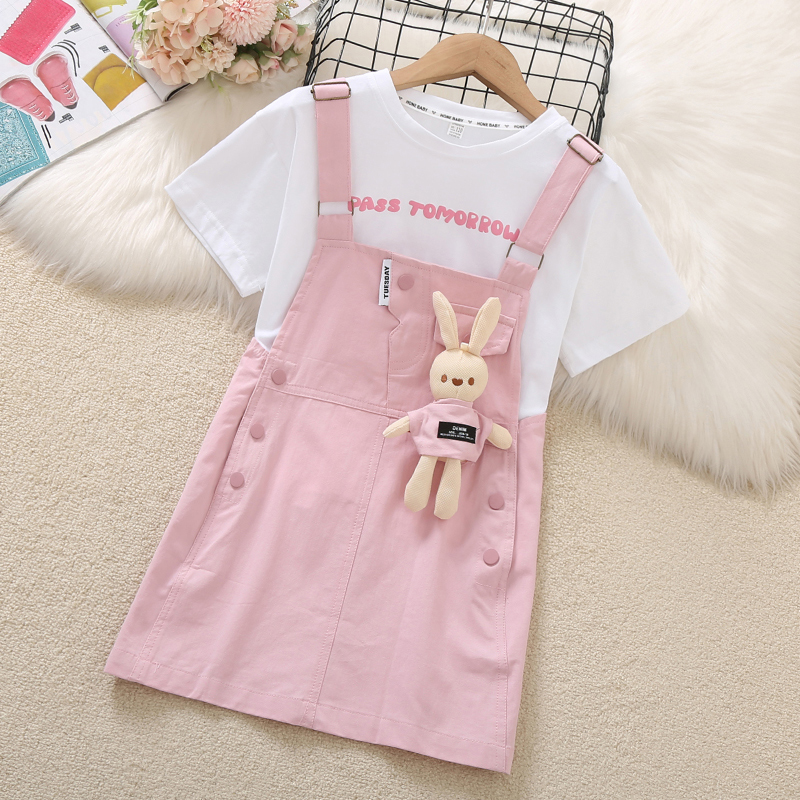 Girl Summer Braces Skirt Suit 2023 New Summer Clothing Short Sleeves T-shirt Children Dress Two Sets Skirt Tide-Taobao