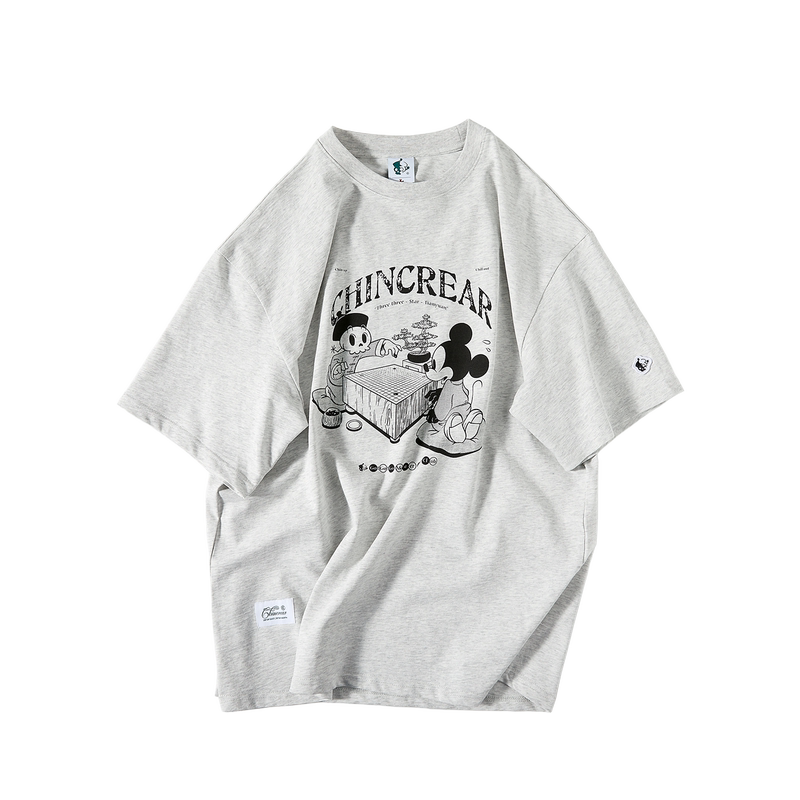 Chincrear26 Spring/Summer Mickey's Chessboard Print Bamboo Cotton Short Sleeve T-Shirt (Light Gray)