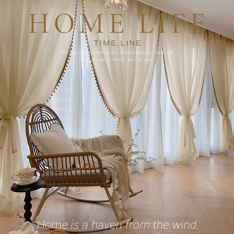 Creamy cotton linen wool yarn wood beads lace French style vintage living-room bedroom Balcony Floating Window window curtain Curtains Veil-Taobao