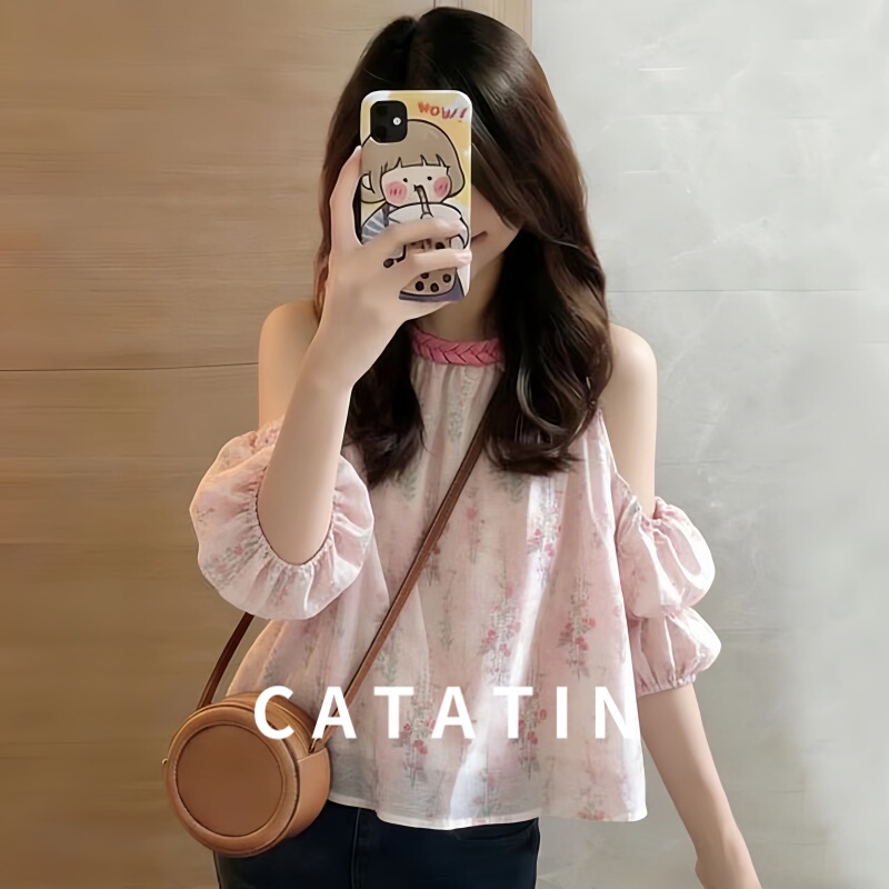 Catatin Pink Floral Chiffon Shirt Summer New Style Niche French Sweet Off-Shoulder Halter Neck Sleeveless Top