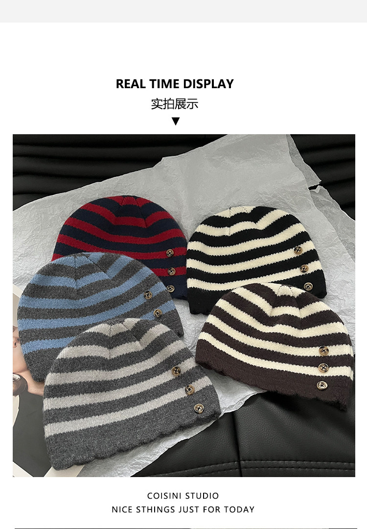 Retro Color-Block Gestreifte Strickmützen mit Knopfverzierung Unisex Damen Herren Winter Warme Streetwear Lässige Slouchy Skullies Mütze – Detail 6