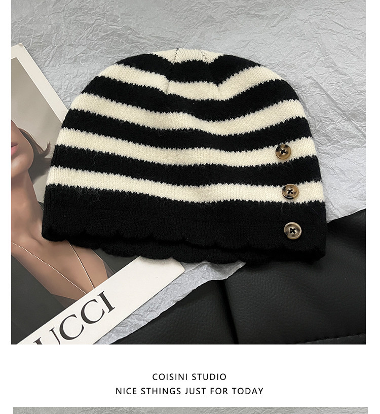 Retro Color-Block Gestreifte Strickmützen mit Knopfverzierung Unisex Damen Herren Winter Warme Streetwear Lässige Slouchy Skullies Mütze – Detail 10