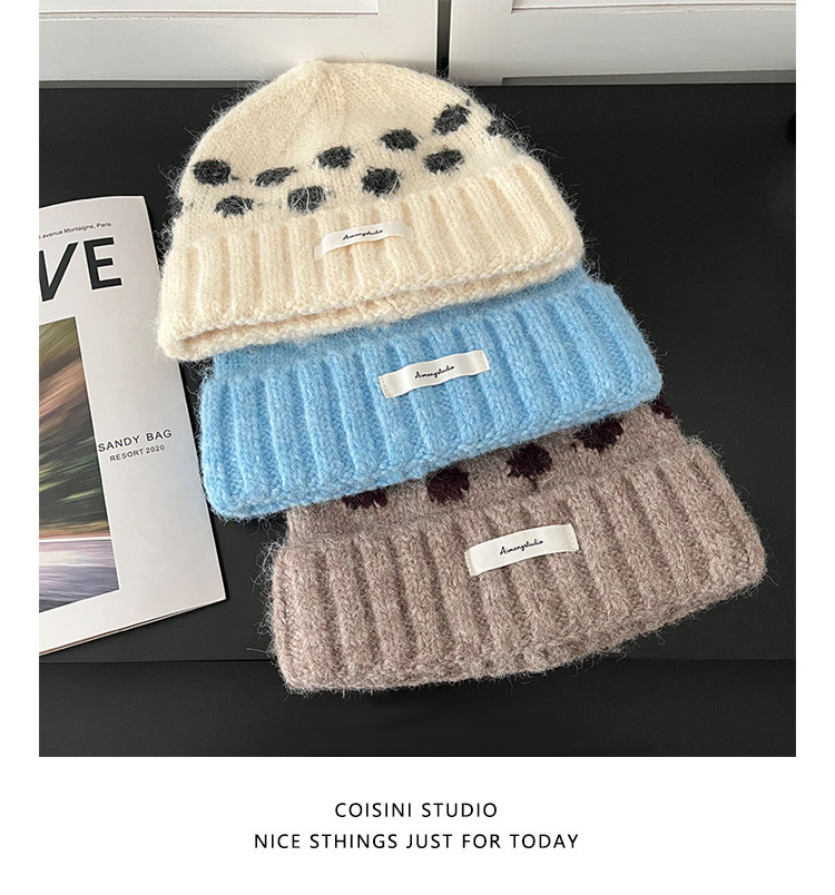 Koreanische Retro-Strickmützen mit Kontrastfarbenen Polka Dots für Männer und Frauen, Winter, dick, warm, Ohrenschutz, Slouchy Skullies Mütze – Detail 12