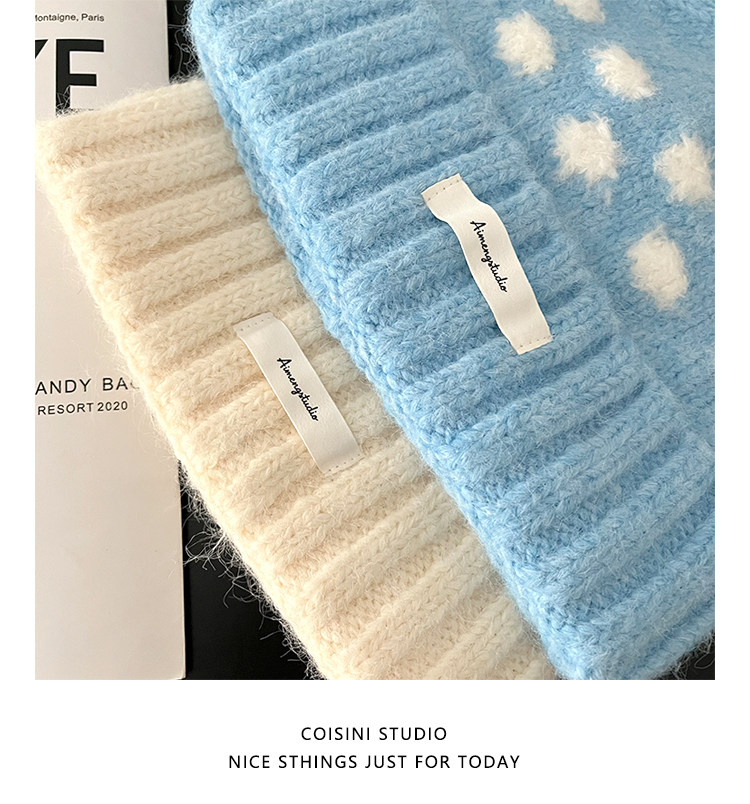 Koreanische Retro-Strickmützen mit Kontrastfarbenen Polka Dots für Männer und Frauen, Winter, dick, warm, Ohrenschutz, Slouchy Skullies Mütze – Detail 15