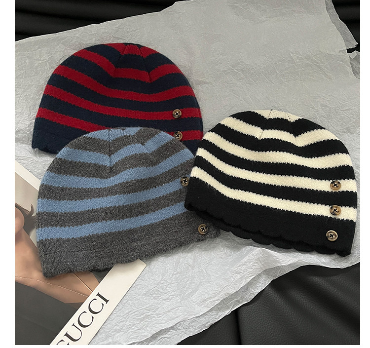 Retro Color-Block Gestreifte Strickmützen mit Knopfverzierung Unisex Damen Herren Winter Warme Streetwear Lässige Slouchy Skullies Mütze – Detail 7