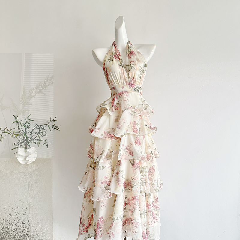 Morning Dew Rose Garden/French Resort Style Printed Halter Neck Chiffon Cake Long Dress Women's V-Neck Dress Morning Dew Rose Garden/French Resort Style Printed Halter Neck Chiffon Cake Long Dress Women's V-Neck Dress