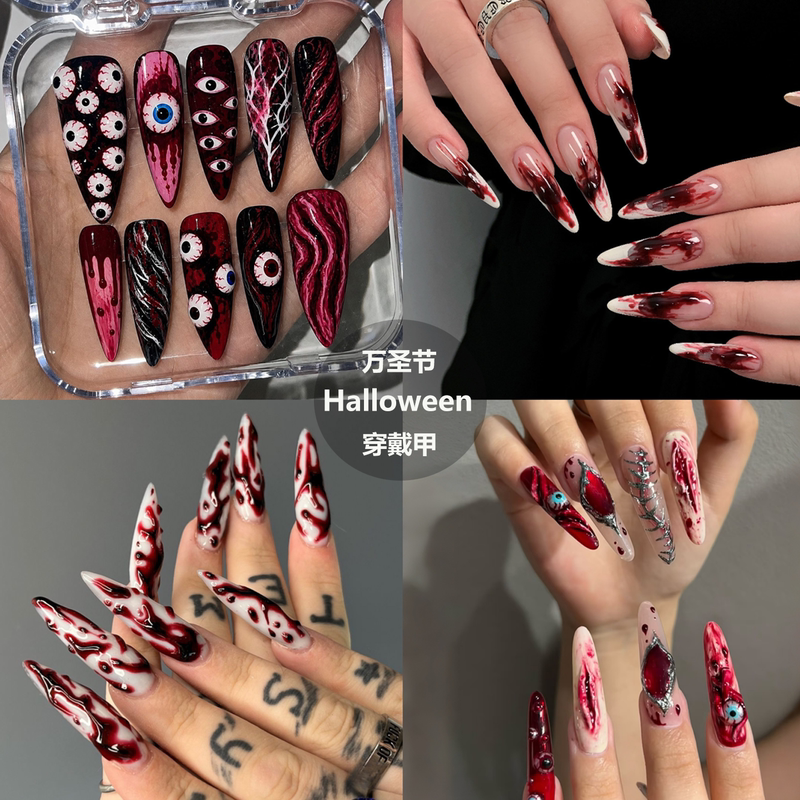 Bloody Halloween Cosplay Nails, European and American Dark Niche Nail Pieces, Finished Horror and Thriller Blood Drop Fake Nail Stickers