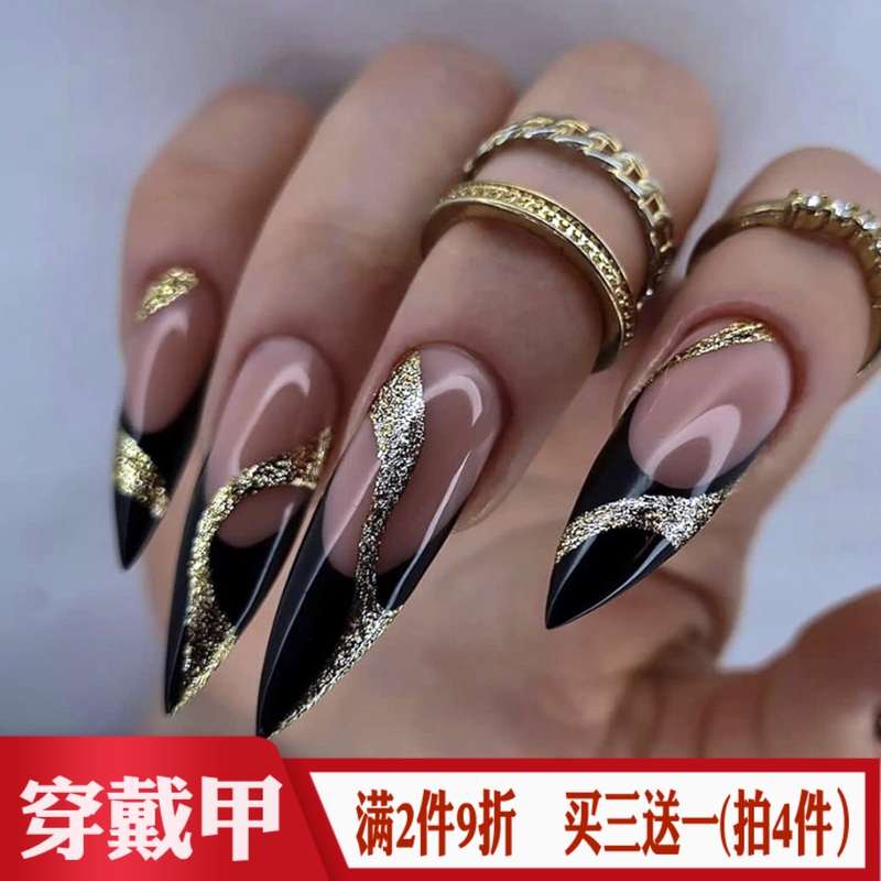 Gothic Gold Glitter Pointed Black French Style Press-On Nails Fakenail Finished Product European and American Style Hot Girl Foreign Trade Fake Nail Tips Gothic Gold Glitter Pointed Black French Style Press-On Nails Fakenail Finished Product European and American Style Hot Girl Foreign Trade Fake Nail Tips