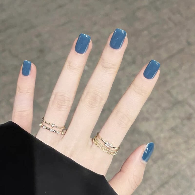 Mini Lake Blue Short Square Press-On Nails Solid Color Brightening Simple Finished Detachable Fake Nail Tips New Product