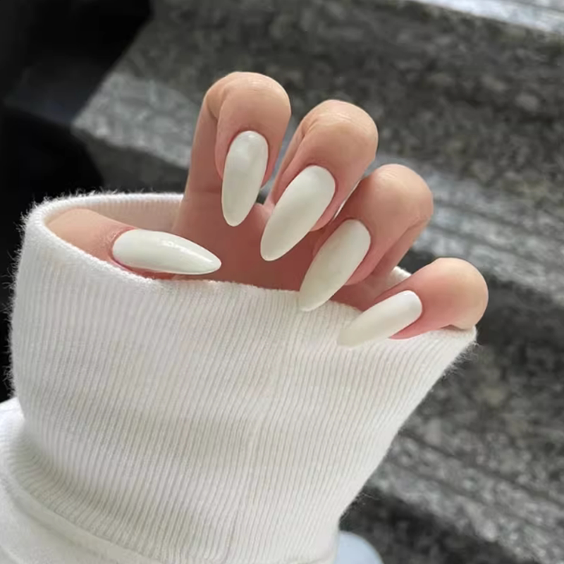 Pointed White Fake Nail Tips, Finished Nail Art, European and American Simple Style, Cosplay, Medium Length, Single Color, Wearable Nail Stickers, Removable