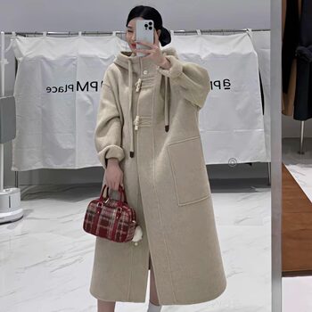 High-end hooded mid-length woolen jacket