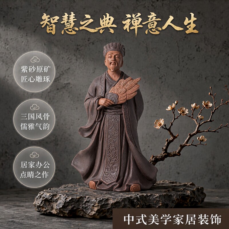 Three Kingdoms Historical Figure Purple Clay Zhuge Liang Figurine Chinese Zen Style Antique Home Decoration Ceramic Kongming Statue
