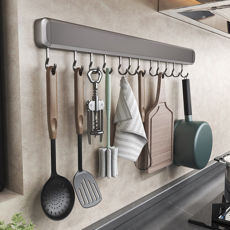 Gun Ash Free perforated kitchen hook frame hanging pole wall-mounted multifunction cookware hanger spoon shovel Scoop Shovel containing-Taobao