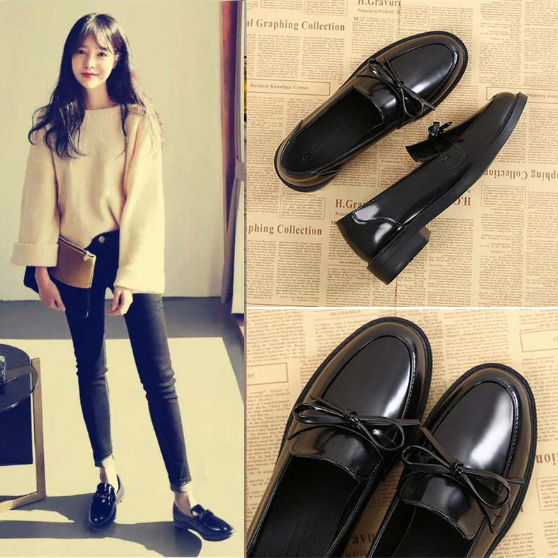 2021 new Doudou shoes spring all-match black college slip-on loafers small leather shoes women's British soft leather