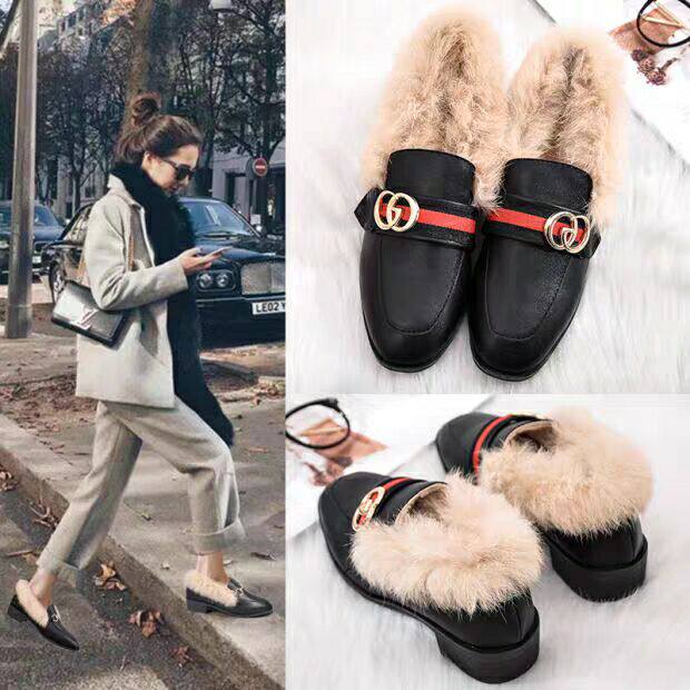 Rabbit fur shoes women's winter outer wear small leather shoes women's 2021 new autumn style one pedal all-match thick heel plus velvet beanie shoes