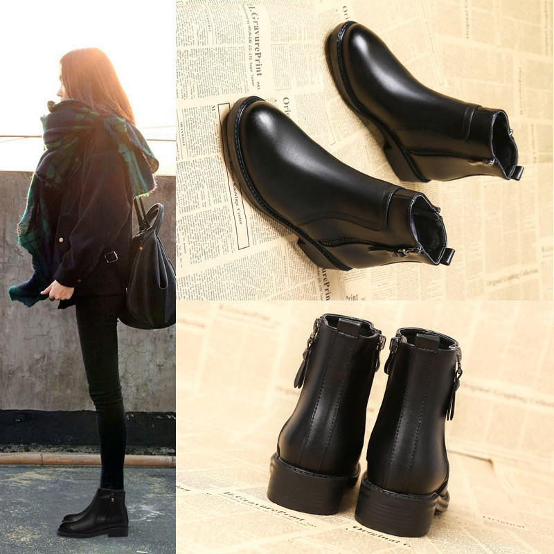 Small print Martin boots women's short boots all-match single shoes women's flat large size British style winter velvet snow boots